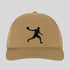 Beige cap with black silhouette of a person playing badminton on a light gray background